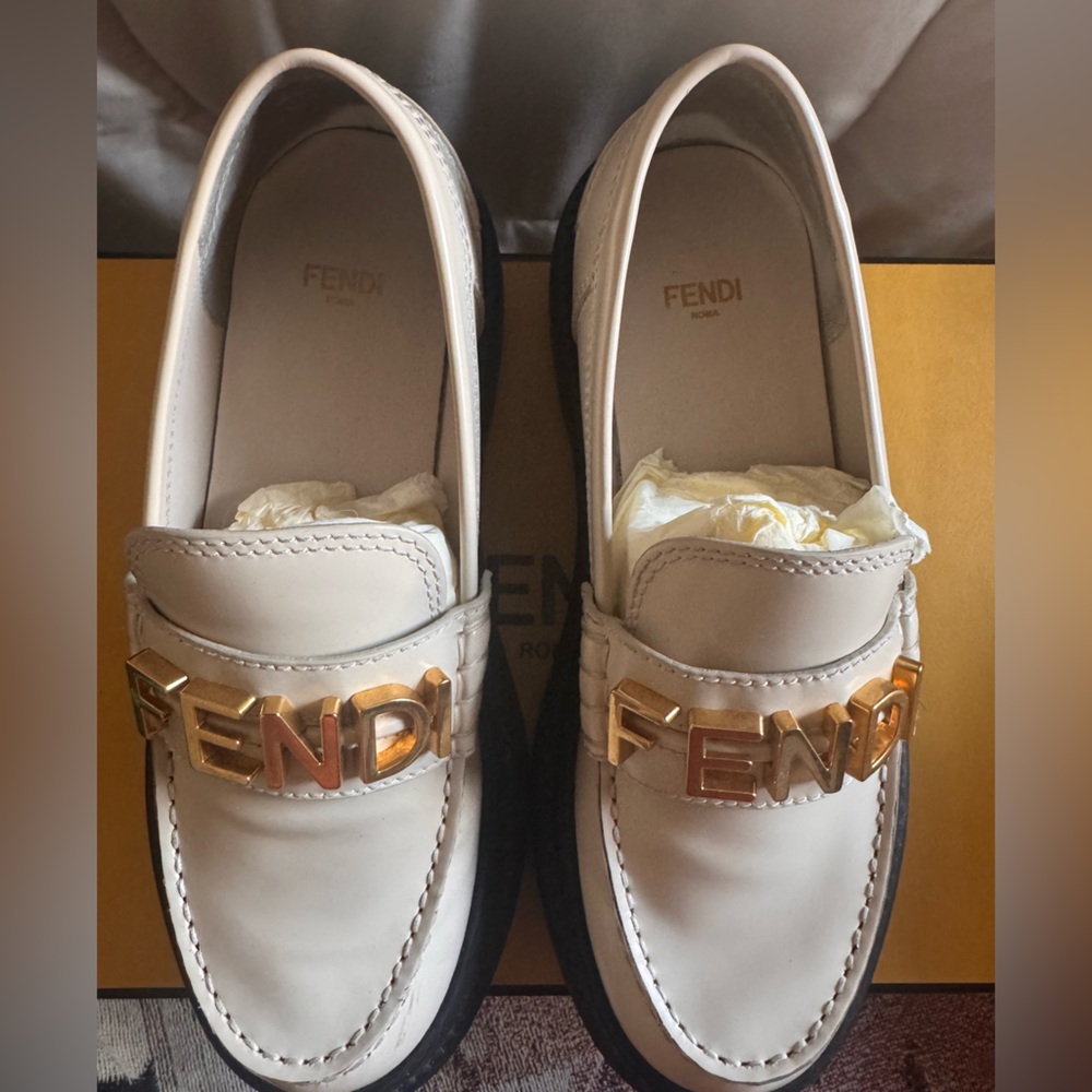 Fendi Cream Loafers with Gold Logo